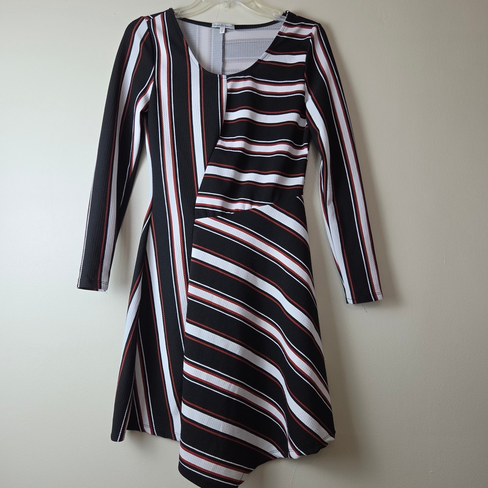 Womens Small Striped Long Sleeve Asymmetrical Fit & Flare Dress